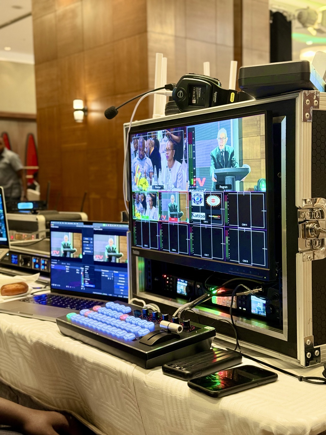 Livestream production control equipment at an event