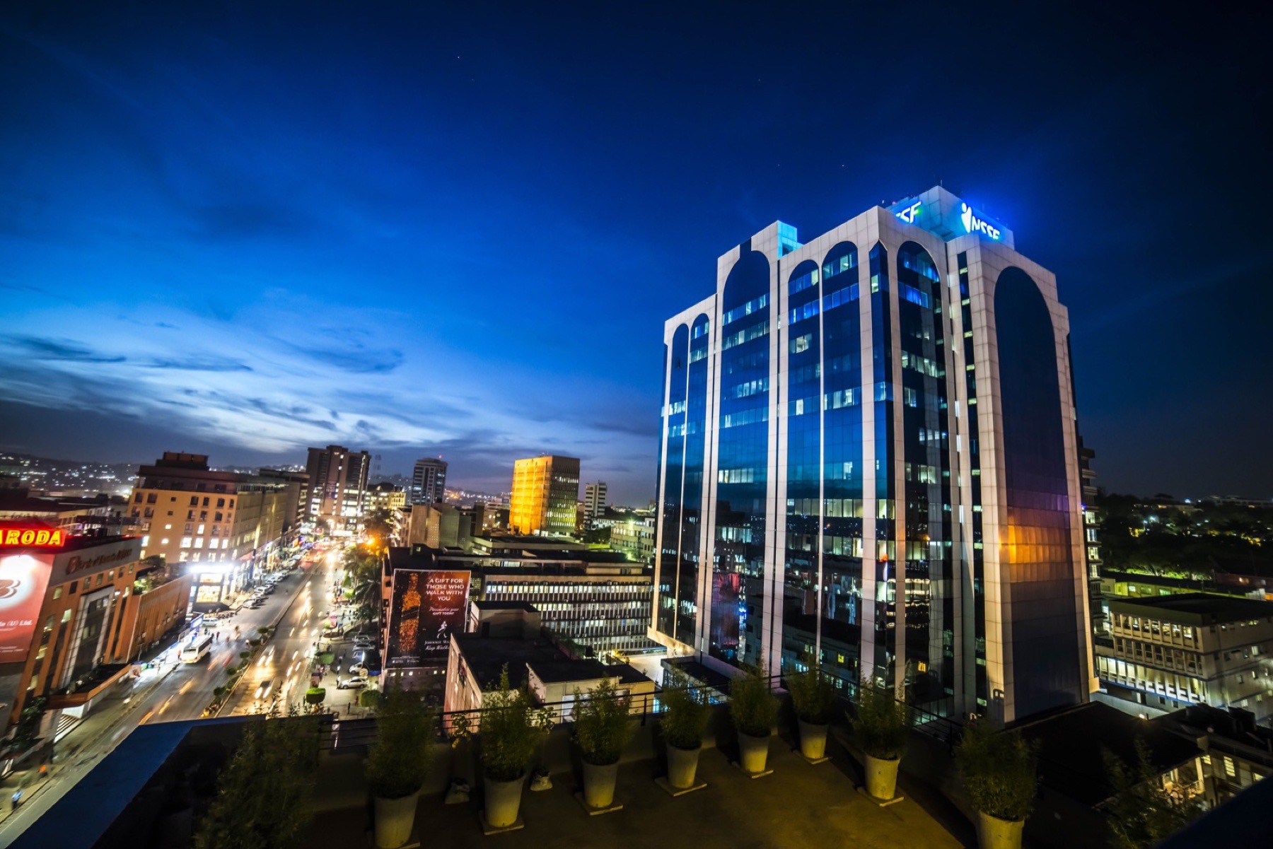 Kampala commercial skyline illuminated at night
